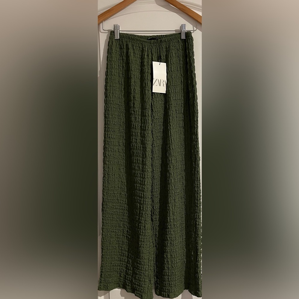 Zara Textured Structure Pants Olive Green Elastic Waist Wide Leg Comfy Boho Sz S